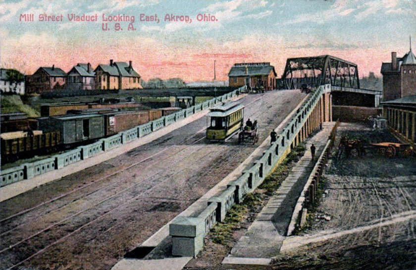 Streetcar at the Mill Street Viaduct looking East. Akron, Ohio