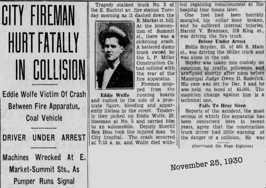 Eddie Wolfe Fireman Hurt Fatally in Collision 1930, akron, Ohio