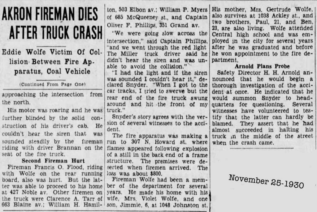 Man dies in truck crash, 1930 Akron, Ohio