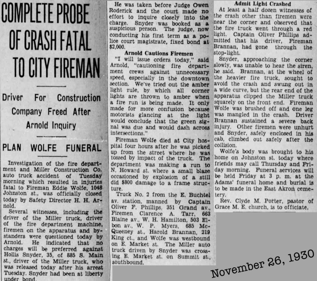 Akron Firefighter Eddie Wolfe dies 1930, akron, Ohio