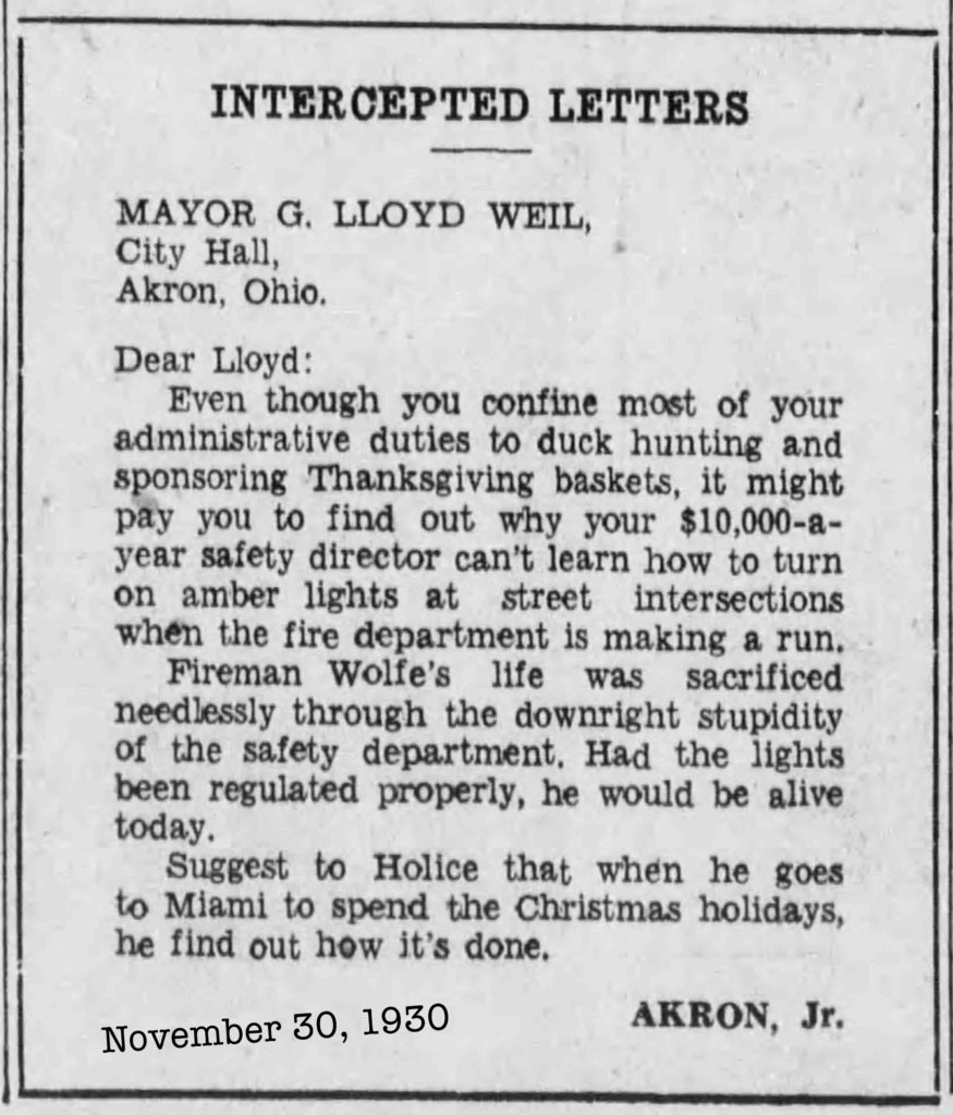 Dear Mayor Lloyd Weil, Akron, Ohio