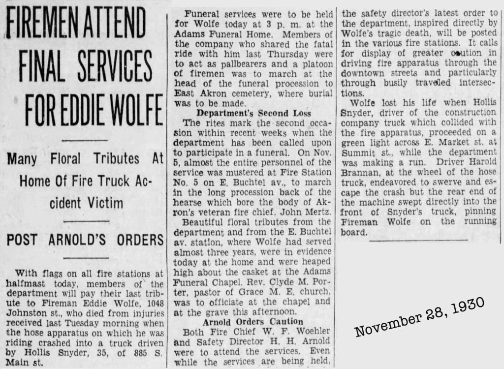 Akron Firefighter dead 1930, Akron, Ohio